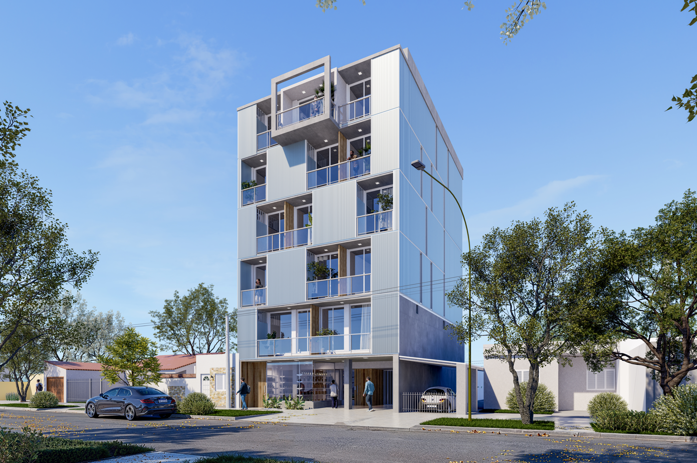 Render exterior de edificio residencial